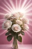 Placeholder: bouquet di rose bianche perlate con raggi di luce attorno e sfondo rosa