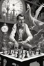 Placeholder: close up on comic news paper journalist horror harlequin playing burning chess geese dinosaur reptiles in very bright light bulb factory on the bridge with twisted ladders with the most a confused look on his face in front of a huge glass prism clock with angels, in the style of Escher and Dali and Cthulhu