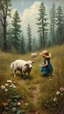 Placeholder: A small boy and girl and dog playing with a sheep a forgotten battlefield overrun by vegetation, cutesy tiktok detailed oil painting, grainy, old style