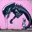 Placeholder: Banksy style graffiti of a xenomorph holding out a head to a little girl, graffiti 2d wall mural, minimalism, pink and black hues