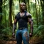 Placeholder: Alimi Ballard Very muscular man bald with tribal tattoos wearing jeans and a teeshirt, fantasy, forest backdrop