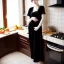 Placeholder: Russian shorthair beautiful 20-years guy boyish boylike wide hips in black girlish nightgown in kitchen