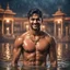 Placeholder: Hyper Realistic handsome Young shirtless muscular short hair Indian king with wet chest smiling & bathing in a lake outside traditionally beautiful Indian palace at heavy rainy night