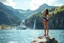 Placeholder: a picture of natural landscape that includes majestic mountains and a serene countryside. Additionally, incorporate details about a stunning, large waterfall that enhances the beauty of the scene. The output should be structured as a narrative, painting a clear image with rich, descriptive language that evokes the sights and sounds of this beautiful environment water fall falls to a big sea with modern ship in it.a fullbody lady in One Piece - Athletic Swimsuit,standing over a rock at hight