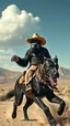 Placeholder: A gorilla with cowboy hat riding on a Great Dane black dog running in the desert , a cloudy wether in the background