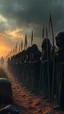 Placeholder: Bosch painting style nightmare , 3D ,a group of prisoners slave in black tied together in line in a guarded by strong soldiers with sticks dramatic misty scene of the sunset time in a stormy weather in the desert background, high Quality picture , 8k