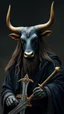 Placeholder: A bull with human face with long hair and beard like ancient Sumerian wearing a religious monk black suit and holding a sword