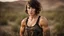 Placeholder: beautiful caucasian female technician, black tank top, well toned muscles, weathered face, scratched sand camo metal details, short brunette wavy bob haircut, dystopian, desert scene