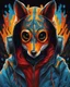 Placeholder: Vibrant and dynamic masterpiece with fluid patterns forming a killer fox wearing a hood and a gas mask, its eyes are intense. Bright colors of red, blue and a touch of yellow, creating a fascinating effect. The black background creates a strong contrast, making the colors stand out even more., concept art, dark fantasy, vibrant, painting, portrait photography