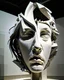 Placeholder: a huge sculpture with a surreal design in museum setting. It appears to be a human face, female, that is deconstructed into various pieces, with some elements such as the eyes, nose, and mouth still recognizable. The sculpture gives the illusion that parts of the face are suspended in air, disjointed from one another, creating a visual effect that plays with perception and the concept of form. The sculpture is made of golden mirror stainless steel. The sculpture is set on a pedestal