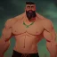 Placeholder: muscular shirtless man with big beard and big mustache and green eyes