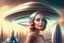 Placeholder: beautiful woman in flying saucer with clear dome top over future alien city