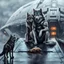 Placeholder: digital art front in picture an of little dark dog like creature stands and looking an anthropomorphic wolf couple sitting on the spaceship's ramp close together, the female wolf sits behind pale gray male wolf and puts one paw on the dark gray wolfman's shoulder, raini day, on ramp a little piece of meat lies down, high contrast, high detalied, high realistic, in background detail of a spaceship is visible. Rain, The atmosphere is a seamless blend of sci-fi and dark fantasy mood, digital art