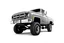 Placeholder: front corner 1973 GMC square body truck(lifted) facing to viewer's left, gray background, high contrast black and white vector