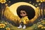 Placeholder: Create an stippling art illustration of a chibi cartoon black female thick curvy wearing a cut of yellow hoodie and black jeans and timberland boots. Prominent make up with long lashes and hazel eyes. Highly detailed shiny black curly afro hair. With a basket of wildflowers in hand and a smile that could outshine the sun, Lily ventured into the enchanted woods that bordered her village.As she skipped along the winding path, Lily spotted a shimmering light twinkling among the trees. Curiosity piq