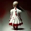 Placeholder: A girl's doll wearing a white dress with red blood bleeding from the back