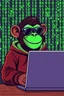 Placeholder: A grinning Monkey sitting in front of a laptop, hacking systems, wearing a hoodie and sunglasses. Matrix in background. Pixel Art. Profile Picture. Avatar. Pixel