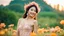 Placeholder: A gorgeous smiling Asian model in a fairy outfit in a field of flowers at sunset a crystal castle at background