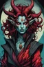 Placeholder: highly detailed color woodcut concept illustration of a world weary, female Tiefling sorceress character , maximalist, sharp focus, highest resolution, in the styles of Alex Pardee, Denis Forkas , Bill Sienkiewicz, and Masahiro Ito, boldly inked, 8k, coarse, gritty textures