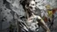 Placeholder: An artistic image depicting a woman against a textured abstract background. The woman's skin is painted irregularly, following a Jackson Pollock-style pattern, covering her entire body. The background is gray with a rough texture that complements the intensity of the body paint. The overall composition is asymmetrical, emphasizing its artistic and avant-garde nature.