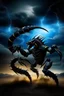 Placeholder: Black Scorpio emblem on a burning landscape background With its Tail curled up behind his back ready to strike and from claws grasping under a storming sky with blue lightening striking around it