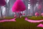 Placeholder: Fantasy dreamworks Paysage forêt maison dans les grands arbres avec champignons roses et une rivière bordée de grandes fleurs roses, lumiere volumetrique, unity engine