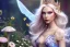 Placeholder: Fantasy cute elf with transparent wings, smiling, make up, long blond platinum hair, blue eyes, crown, beautiful dress, flowers and mushrooms in background, HQ, high key lighting, volumetric light high details