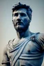 Placeholder: Ultra Realistic image, roman sculpture, deluxe white marble material, Lionel Messi, laurel crown, Renaissance style, miguel angel style, chisel style, emperor, waist up portrait, epic, celestial, cinematic lighting, God light, god rays, 4k resolution, smooth details, ornate details, unreal engine 5, blue vibrant background.