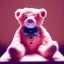 Placeholder: pastel pink teddy bear sitting on a store shelf alone surrounded by dust