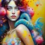 Placeholder: iv_a painting of a young woman, figurative art, an acrylic detailed painting, , brush strokes, paint drips and drabs and splatters by Harumi Hironaka, turquoise pink and yellow, james terrell art, trending on artstation, soft lines,intricate art by bastien lecouffe deharme and greg rutkowski