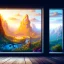 Placeholder: desk, parquet, sheet of paper, little pen, in front of a huge picture window with large view on a waterfall with warm light, sunset ,pixar style, panorama, nature, globe, HD, Hallelujah mountains