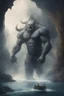 Placeholder: A giant creature holding and lifting up a big ship over head with his arms , a Smokey texture standing in a water in front of a mythical cave in granite volcanic mountain . Busch painting style