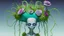 Placeholder: Partially skeletonized troll doll in ceremonial dress for getting married with plants growing from the top of her head; Alex Pardee; surrealism