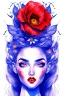 Placeholder: blue Pencil sketch of a woman with red lips and flower in hair on watercolor paper