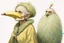 Placeholder: Artist Jean-Baptiste Monge style. A biomorph banana-headed old woman. White eyes. A yellow dotted green furry feathered fluffy dress.