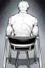 Placeholder: male character sitting on a plastic chair seen from behind, line arts, greyscale