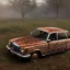 Placeholder: an abandoned 1990 Mercedes rust 2-door overgrown by nature with dust ,ultra realistic,concept, 4k ,on street,8k resolution, high-quality, fine-detail, parked in crowded city winter