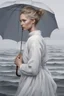 Placeholder: Standing in the grey-north sea with white clothes. Girl with a bun. Rains heavily. You see her face, blues eyes and blond hair. She holds and umberella.