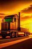Placeholder: Step deck trailer with Peter built truck. Black and gol. Futuristic. Background sunset