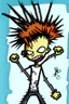 Placeholder: 2d drawing of a stickman, cool with punk hair, x eyes like in hangman, both arms in air, showing piece sign,3d realistic in colour