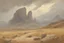 Placeholder: cloudy grey day, arid rocky land, few distant cliffs, philosophic and trascendent influence, unforgettable landscape, dry weeds, videgame landscapes influence, epic, one person, distant mountains, rodolphe wytsman, jenny montigny, and friedrich eckenfelder impressionism paintings