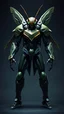 Placeholder: A full-body depiction of a humanoid warrior clad in menacing mecha-beast mantis armor, standing tall in a dark, abyssal background. The sleek exosuit mirrors the sharp, angular design of a praying mantis—blade-like shoulder plates, segmented armor limbs, and chitinous green plating fused with interlocking cybernetic joints. Its helmet bears mandible-like extensions and glowing emerald eyes, evoking the focused stare of a predator. Along its back, twin folding appendages mimic mantis wings in har