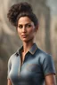 Placeholder: a very manly female middle aged indian mother dressed polo t-shirt and blue jean pant with hair styled into a professional bun with a very masculine body structure with masculine pecs and standing with hands in pocket facing front in a photorealistic picture