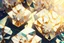 Placeholder: beautiful composition, symmetric pattern, Double exposure of cubes in which abstract flowers are, cracked holographic marble background, the cracks are golden S<AI in sunshine