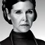 Placeholder: half-length portrait, three-quarter face pose of carrie fisher as Princess Leia with photo realistic fine and very simple short hair, entrancing deep brown eyes, Nikon D850,ef 85mm 5.6, Intricate, High Detail, Sharp focus, realism, beautiful and detailed lighting, by Annie Leibovitz