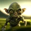 Placeholder: Make a realistic a bit greenish-skinned gollum with wide fully black eyes in the golden hour in a grassland