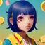 Placeholder: animegirl, bob cut, looking at viewer, arms behind back pose, blue short pants, yellow blouse with a knot on the bottom, lemon background, air bubbles, summer vibe, close up shot, ambiguous lines image, flat dimensional style, flat lines, rough drawing --ar 2:3