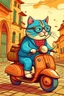 Placeholder: Cute chubby cat wearing glasses, a shirt and pants, riding a scooter through the colourful baxars of india. The cat is on his way to the office.