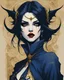 Placeholder: Poster in two gradually, a one side malevolent Goth vampire girl face illustration by <John Kenn Mortensen> and other side female Andalusian sorceress painting by <Yoji Shinkawa>, darkblue and gold tones,