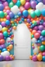 Placeholder: A (((door balloon digital backdrop with clouds rainbow))), where colorful balloons form a ((vibrant clouds wall)) that stands out against a modern, ((digital background)), Renaissance